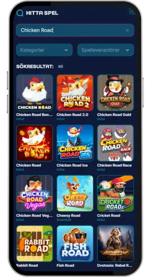 Casinots spelkatalog med Chicken Road markerat i sökresultaten