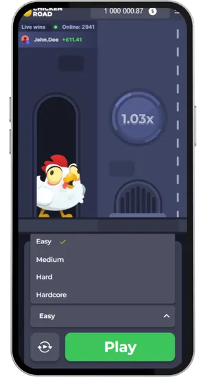 Chicken Road spelgränssnitt med risknivåväljare synlig innan rundan startar
